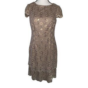 Alex Evenings Sequin Lace Sheath Dress Gold/Tan Cap Sleeve Size 6
